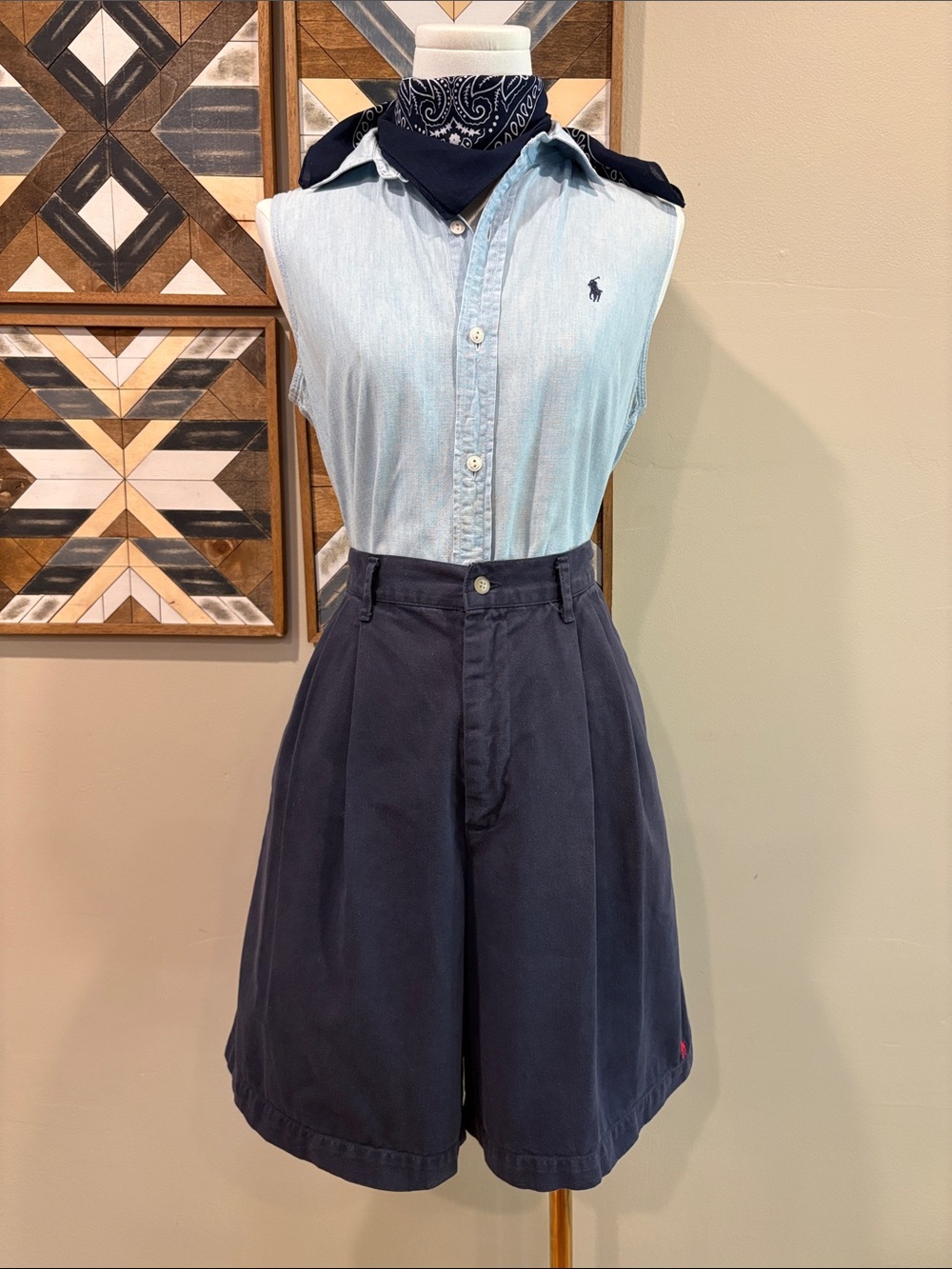 Vintage Ralph Lauren Blue Label 80s Navy Tailored Chinos Bermuda Shorts size 10